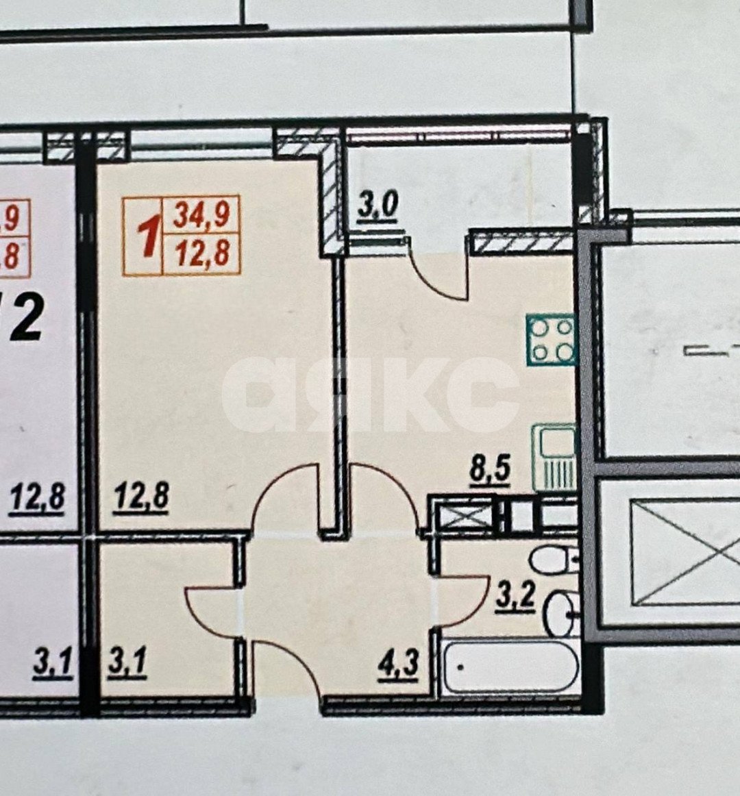 Фото №13: 1-комнатная квартира 35&nbsp;м², 1/9&nbsp;эт. - Анапа, мкр. жилой комплекс Южный, ул. Ленина, 180Ак12