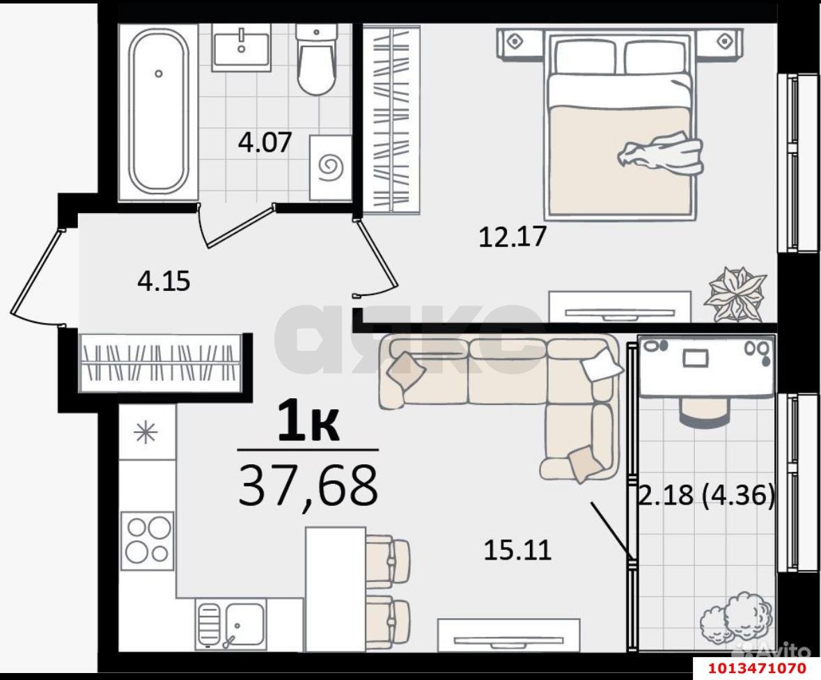 Фото №11: 1-комнатная квартира 37&nbsp;м², 6/13&nbsp;эт. - Краснодар, Карасунский внутригородской округ, Хлопчато-бумажный Комбинат, мкр. жилой квартал Патрики