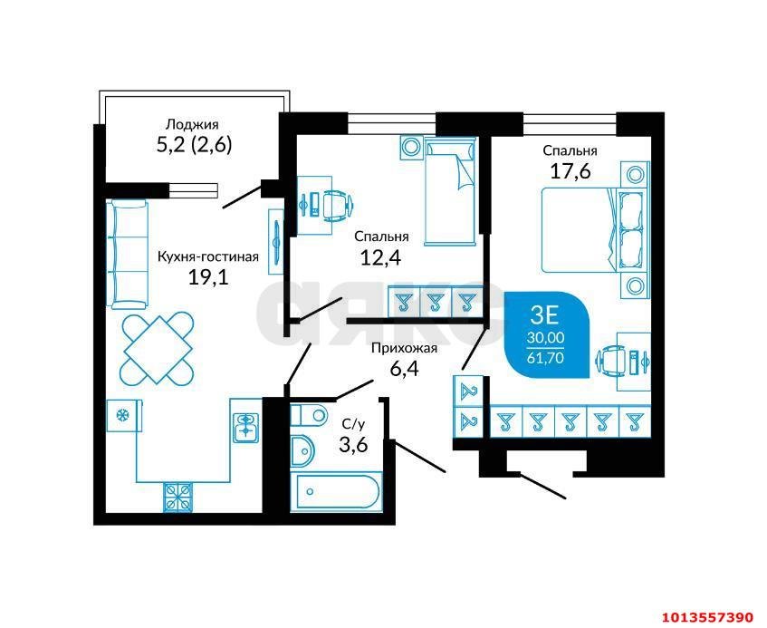 Фото №6: 2-комнатная квартира 63&nbsp;м², 16/22&nbsp;эт. - Краснодар, Прикубанский внутригородской округ, мкр. жилой комплекс Отражение, ул. Конгрессная, 41к1