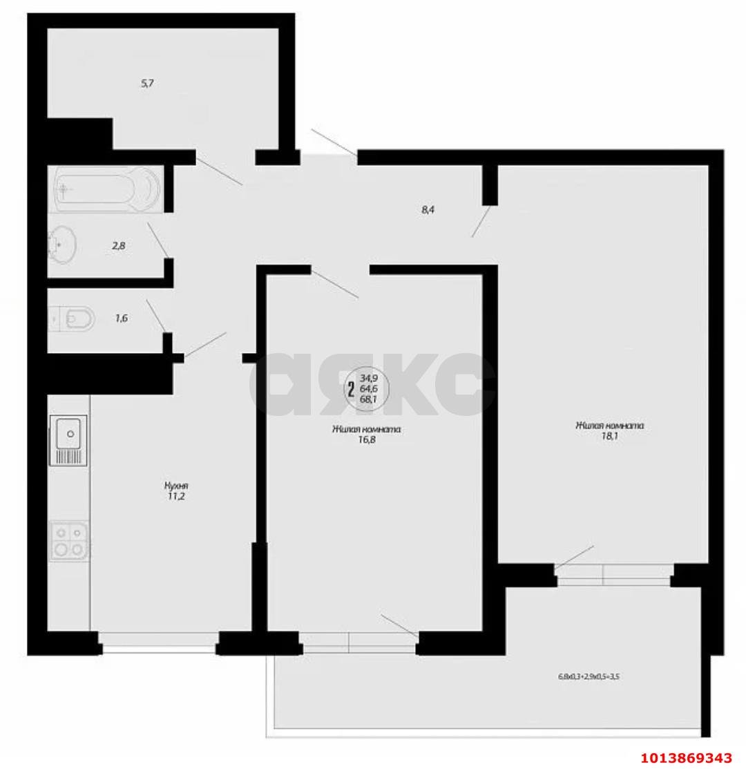Фото №4: 2-комнатная квартира 63&nbsp;м², 17/18&nbsp;эт. - Краснодар, Карасунский внутригородской округ, мкр. жилой комплекс Фреш, ул. имени Валерия Гассия, 4/7к3