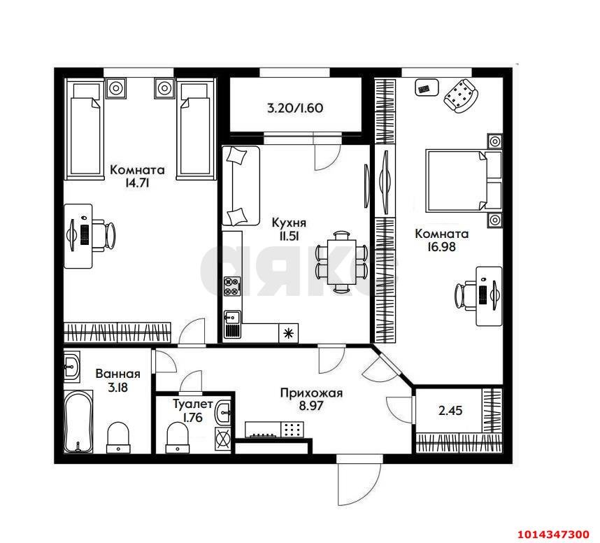Фото №2: 2-комнатная квартира 64&nbsp;м², 12/25&nbsp;эт. - Краснодар, Прикубанский внутригородской округ, ЖК Кубанский, мкр. Завод Измерительных Приборов, ул. Зиповская, 38