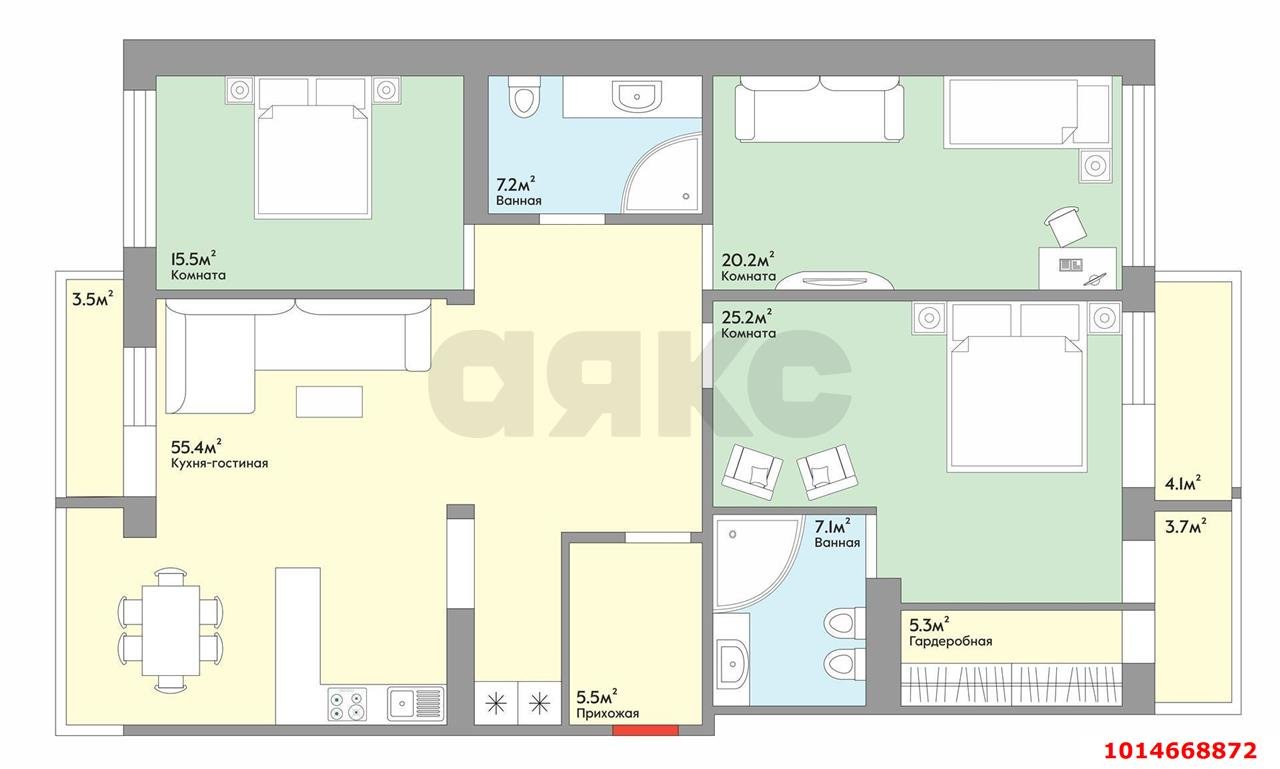 Фото №6: 4-комнатная квартира 151&nbsp;м², 14/16&nbsp;эт. - Краснодар, Прикубанский внутригородской округ, Солнечный, мкр. Фестивальный, ул. Яна Полуяна, 43