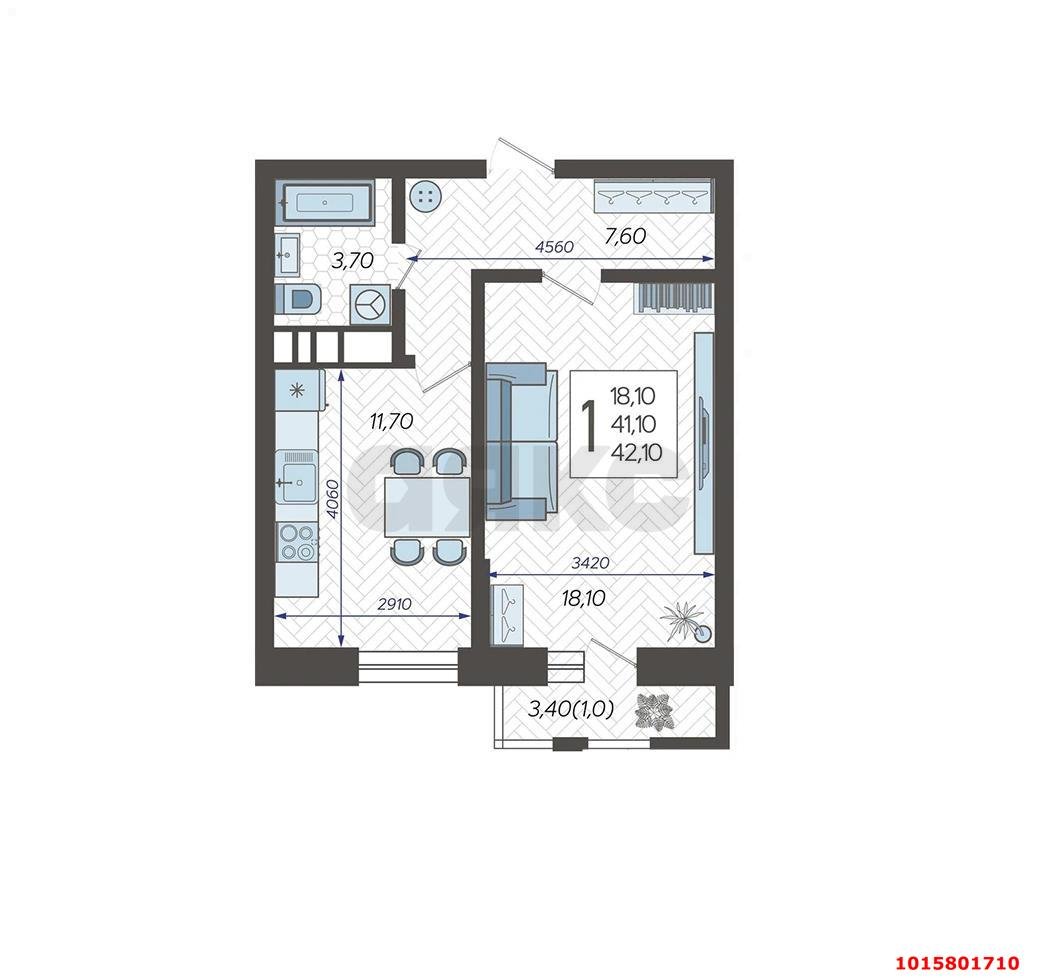 Фото №14: 1-комнатная квартира 40&nbsp;м², 5/12&nbsp;эт. - Краснодар, Прикубанский внутригородской округ, ЖК Небо, мкр. 9-й километр, ул. Ярославская, 115лит2