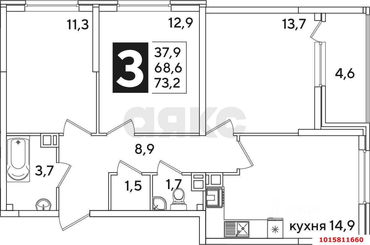 Фото №9: 3-комнатная квартира 73&nbsp;м², 15/16&nbsp;эт. - Краснодар, Прикубанский внутригородской округ, мкр. ЖК Самолёт-6, ул. Ивана Беличенко, 88к1