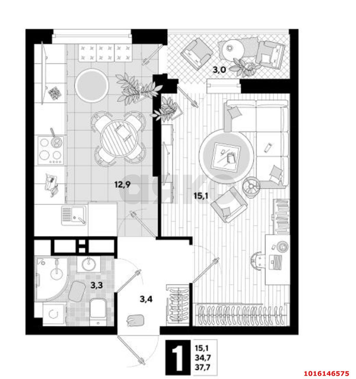 Фото №4: 1-комнатная квартира 37&nbsp;м², 10/16&nbsp;эт. - Краснодар, Прикубанский внутригородской округ, мкр. жилой комплекс Самолёт-5, ул. Константина Гондаря, 105