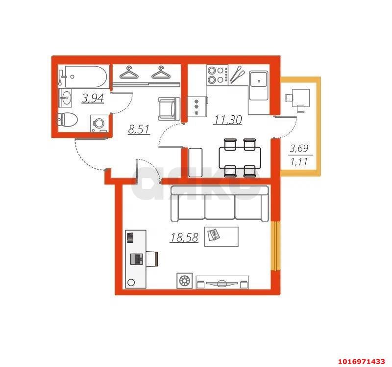 Фото №8: 1-комнатная квартира 44&nbsp;м², 14/24&nbsp;эт. - Краснодар, Западный внутригородской округ, ЖК Заря, мкр. Фестивальный, ул. Монтажников, 1/2