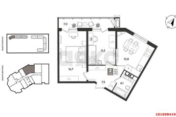 Фото №1: 2-комнатная квартира 53&nbsp;м², 7/24&nbsp;эт. - Краснодар, мкр. ЖК Рекорд, ул. Новороссийская, 88