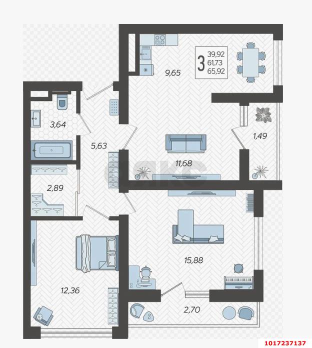 Фото №5: 3-комнатная квартира 70&nbsp;м², 4/16&nbsp;эт. - Сочи, Хостинский, жилой комплекс Кислород, мкр. Бытха, ул. Ясногорская, 16/2 к12