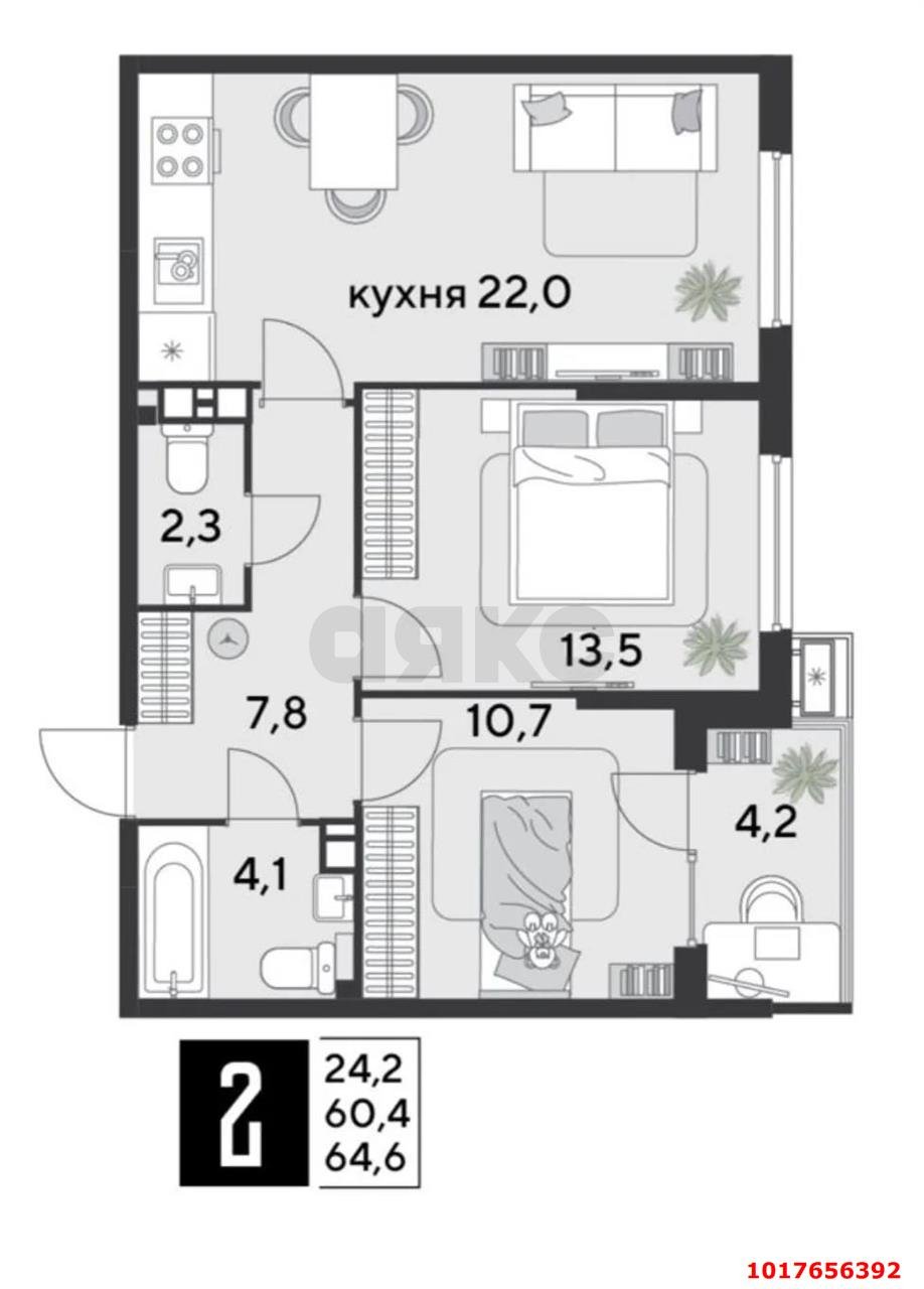 Фото №8: 2-комнатная квартира 64&nbsp;м², 6/18&nbsp;эт. - Краснодар, Прикубанский внутригородской округ, мкр. Парк Победы, ул. имени Героя Дангириева, 4к2