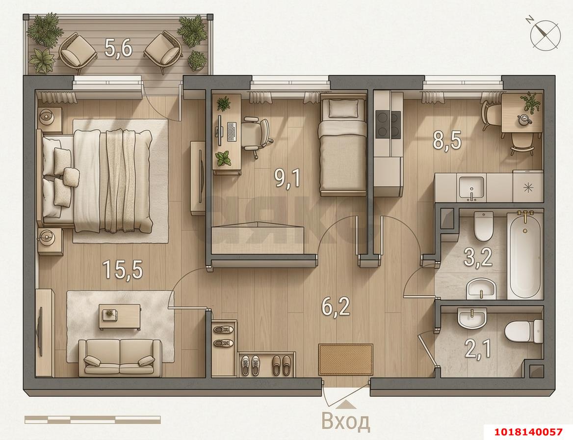 Фото №11: 2-комнатная квартира 50&nbsp;м², 3/9&nbsp;эт. - Краснодар, Прикубанский внутригородской округ, мкр. Юбилейный, ул. имени Калинина, 13к48