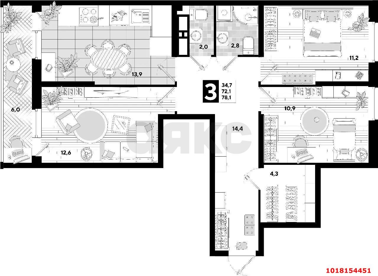 Фото №15: 3-комнатная квартира 78&nbsp;м², 8/16&nbsp;эт. - Краснодар, Прикубанский внутригородской округ, мкр. жилой комплекс Самолёт-4, ул. Константина Гондаря, 103