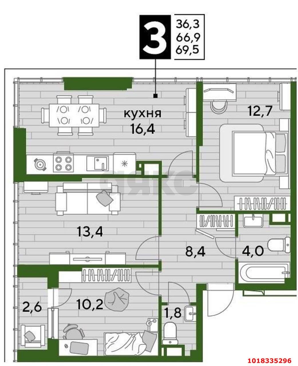Фото №27: 3-комнатная квартира 70&nbsp;м², 5/16&nbsp;эт. - Краснодар, Прикубанский внутригородской округ, мкр. Догма Парк, ул. Марины Цветаевой, 1