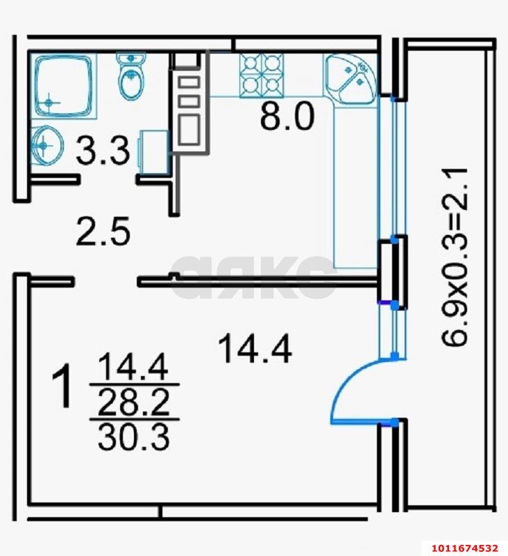 Фото №5: 1-комнатная квартира 30 м² - Краснодар, жилой комплекс Калинино Парк, ул. имени В.М. Комарова, 21/1к6