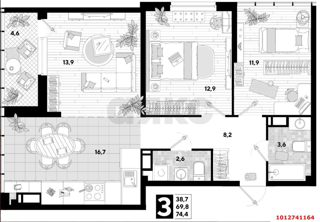Фото №3: 3-комнатная квартира 69&nbsp;м², 16/16&nbsp;эт. - Краснодар, Прикубанский внутригородской округ, мкр. жилой комплекс Самолёт-3, ул. Ивана Беличенко, 87