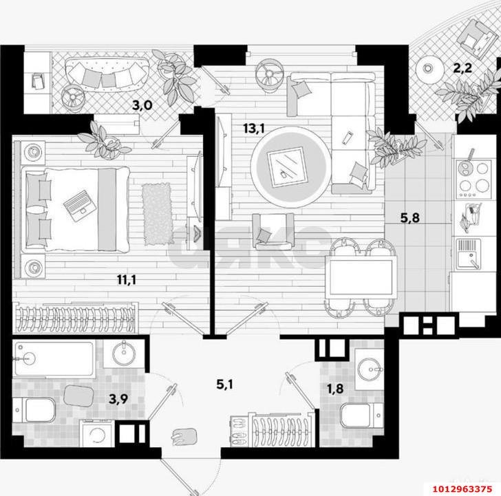 Фото №2: 1-комнатная квартира 41 м² - Краснодар, жилой комплекс Самолёт-3, ул. Ивана Беличенко, 83