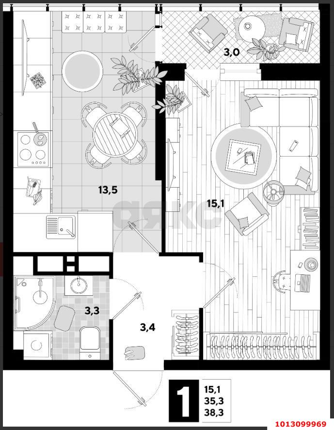 Фото №10: 1-комнатная квартира 38 м² - Краснодар, жилой комплекс Самолёт-6, ул. Ивана Беличенко, 92