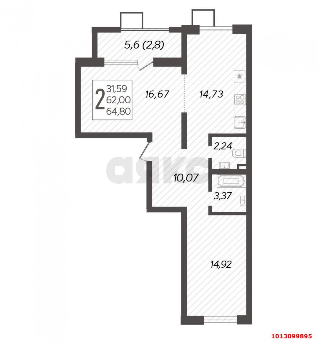 Фото №11: 2-комнатная квартира 64 м² - Краснодар, жилой комплекс Новелла, ул. Питерская, 40к5