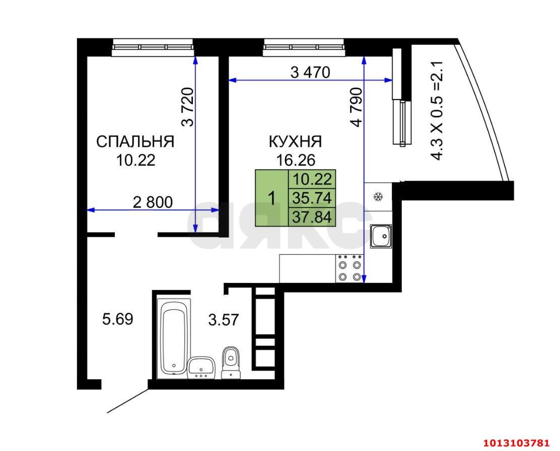 Фото №8: 1-комнатная квартира 37 м² - Краснодар, имени Петра Метальникова, ул. Петра Метальникова, 36