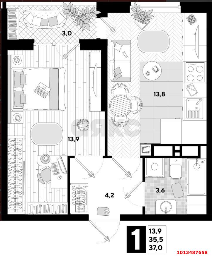 Фото №11: 1-комнатная квартира 38 м² - Краснодар, жилой комплекс Самолёт-2, ул. Западный Обход, 57