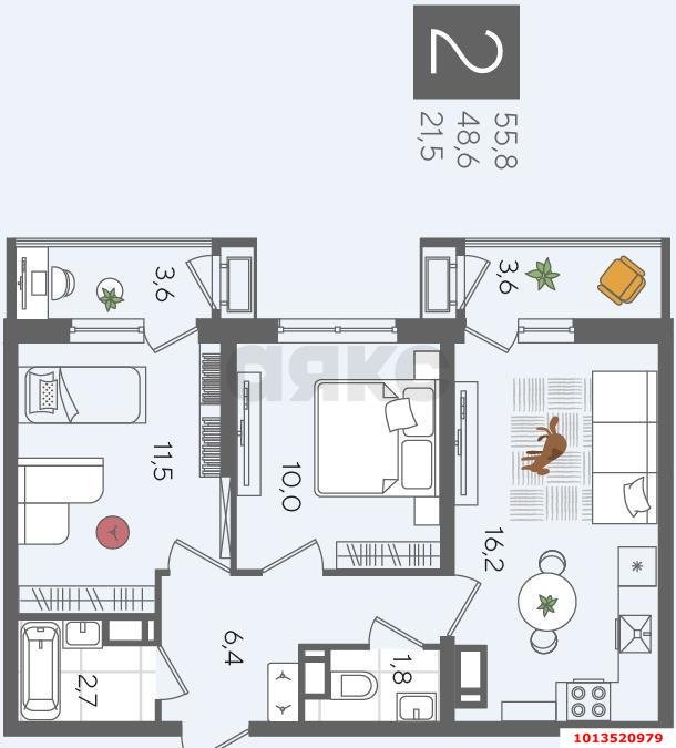 Фото №9: 2-комнатная квартира 55 м² - Краснодар, Черёмушки, 