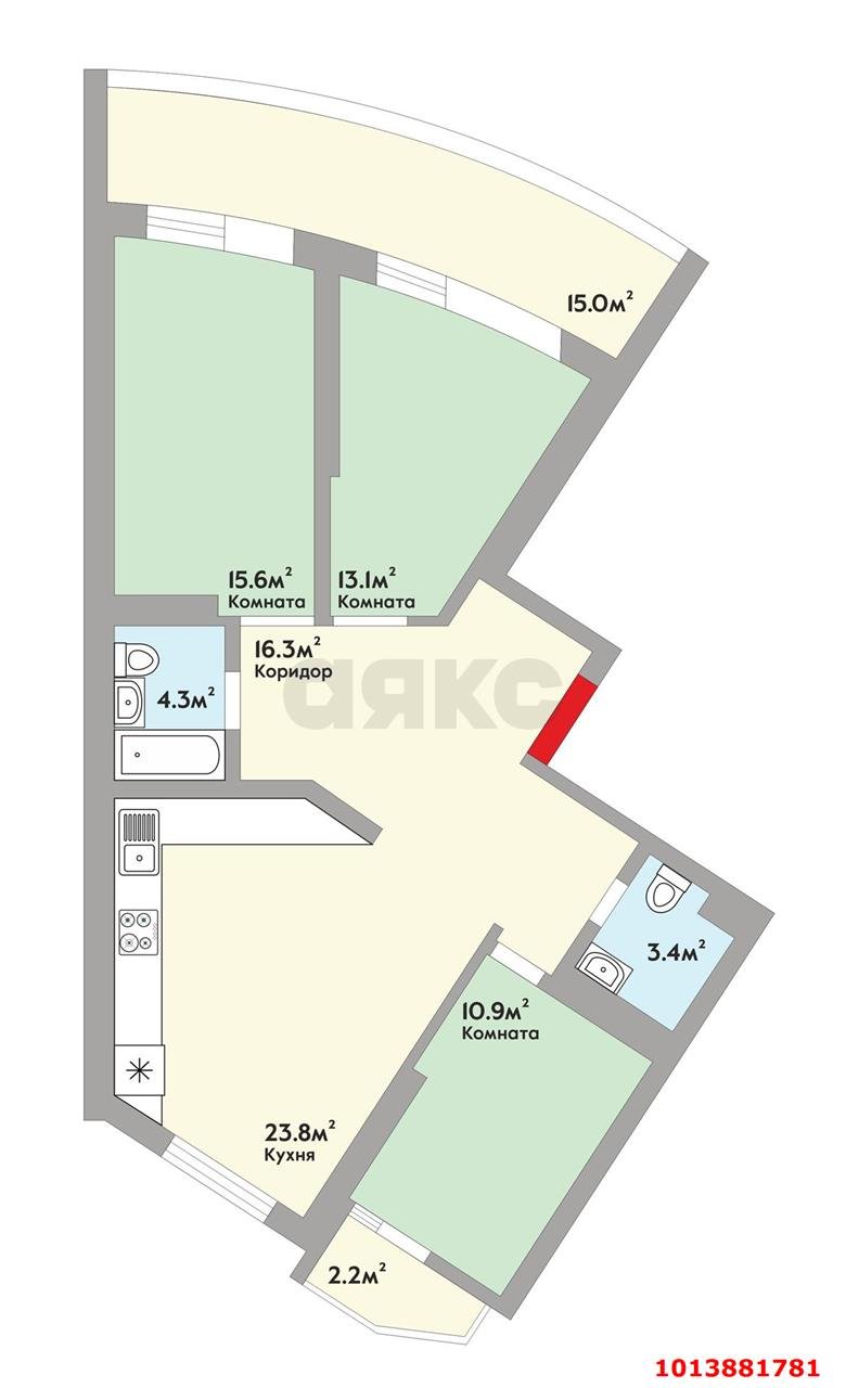 Фото №3: 3-комнатная квартира 110&nbsp;м², 8/16&nbsp;эт. - Краснодар, Прикубанский внутригородской округ, Россинского, мкр. жилой комплекс Видный, ул. Командорская, 3к2