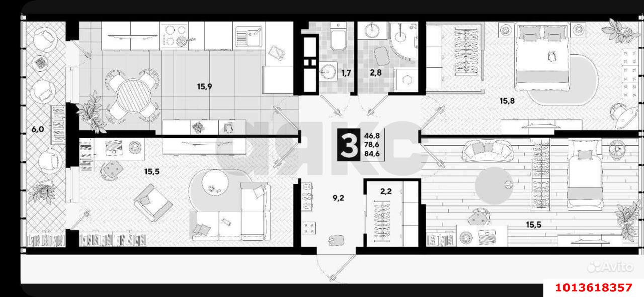 Фото №6: 3-комнатная квартира 85 м² - Краснодар, жилой комплекс Самолёт-4, ул. Ивана Беличенко, 95к1