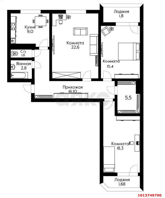 Фото №8: 3-комнатная квартира 94 м² - Краснодар, Краевая Клиническая Больница, ул. Домбайская, 12