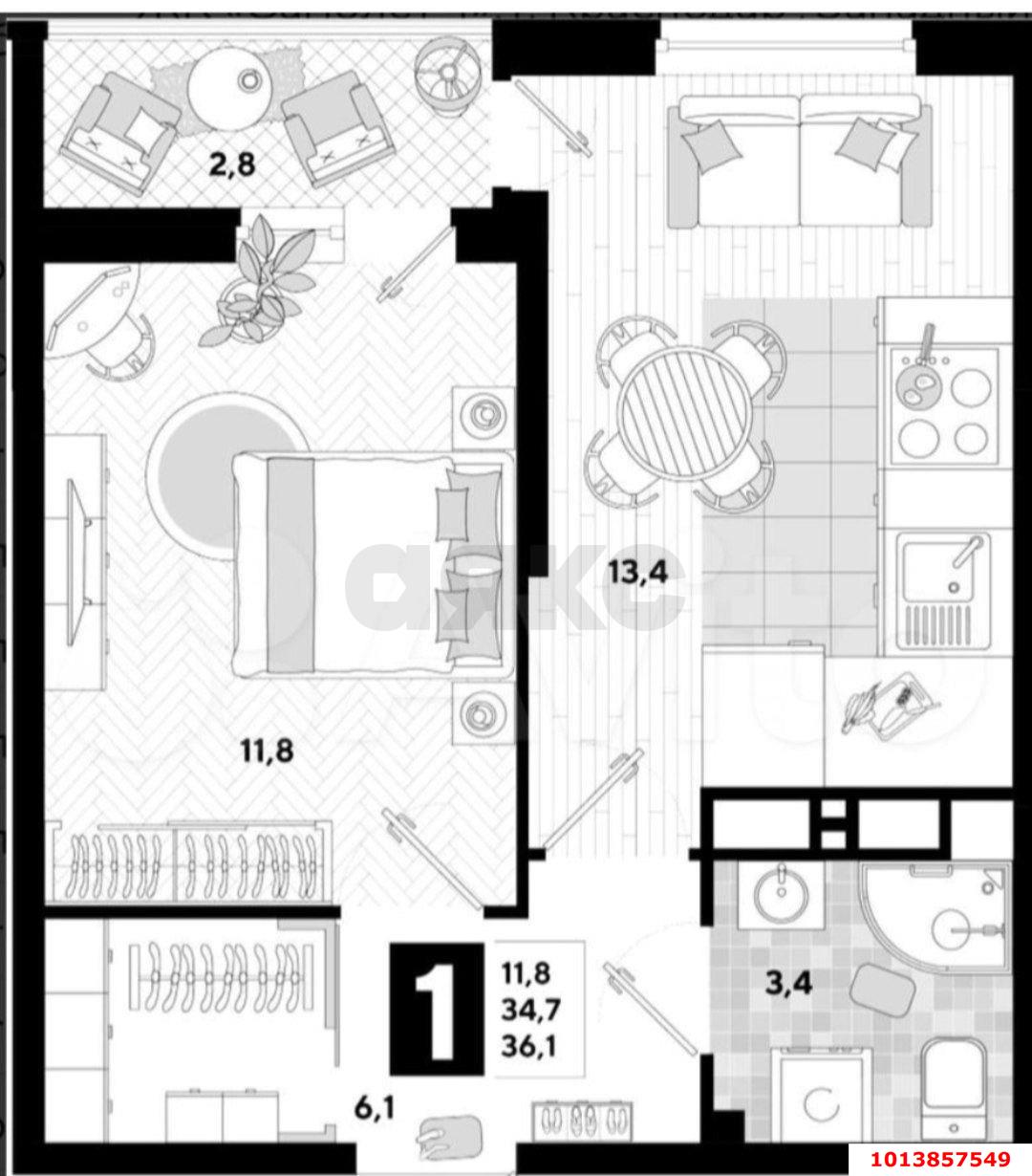 Фото №7: 1-комнатная квартира 36 м² - Краснодар, жилой комплекс Самолёт-4, ул. Ивана Беличенко, 89