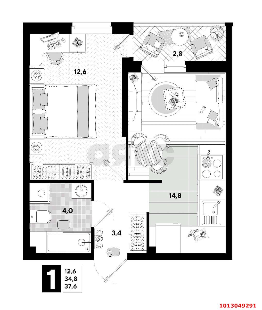 Фото №10: 1-комнатная квартира 37 м² - Краснодар, жилой комплекс Самолёт-5, ул. Константина Гондаря, 105