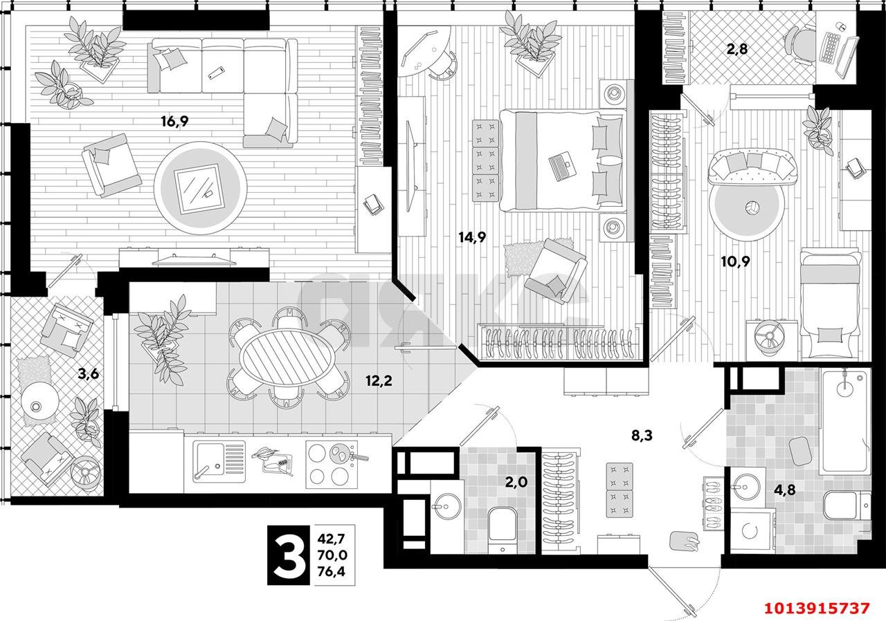 Фото №13: 3-комнатная квартира 70 м² - Краснодар, жилой комплекс Самолёт-4, ул. Ивана Беличенко, 95