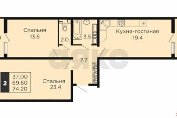 Фото №2: 2-комнатная квартира 69 м² - Краснодар, мкр. жилой комплекс Сказка Град, ул. имени В.Н. Мачуги, 166Ак1