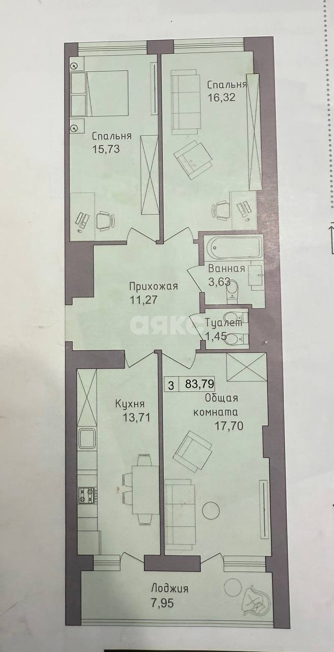 Фото №14: 3-комнатная квартира 90&nbsp;м², 2/18&nbsp;эт. - Батайск, ул. Крупской
