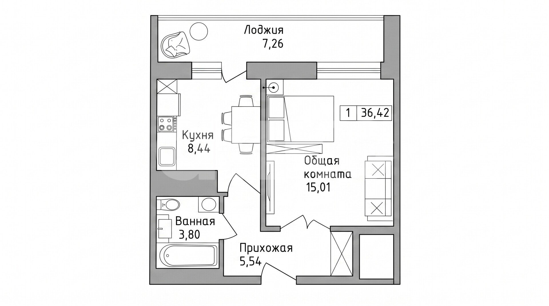 Фото №10: 1-комнатная квартира 36&nbsp;м², 8/19&nbsp;эт. - Батайск, мкр. жилой комплекс Встреча, ул. Крупской, 1к1