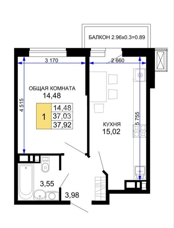 Фото №4: 1-комнатная квартира 36&nbsp;м², 4/12&nbsp;эт. - Майкоп