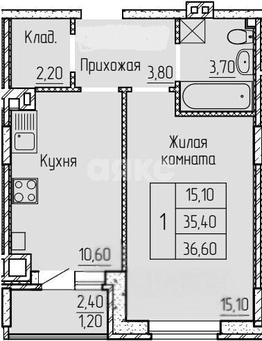 Фото №9: 1-комнатная квартира 35&nbsp;м², 1/4&nbsp;эт. - Батайск, мкр. жилой комплекс Прибрежный, ул. Котова, 4к1
