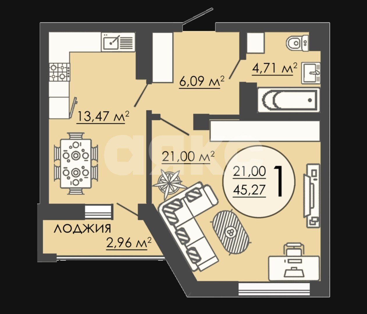 Фото №2: 1-комнатная квартира 45&nbsp;м², 11/12&nbsp;эт. - Липецк, Октябрьский округ, мкр. Победа, ул. А.Г. Стаханова, 77к1