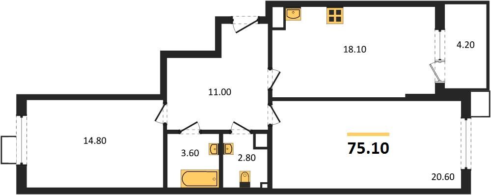 Фото №1: 2-комнатная квартира 75&nbsp;м², 7/18&nbsp;эт. - Краснодар, Прикубанский внутригородской округ, мкр. Парк Победы
