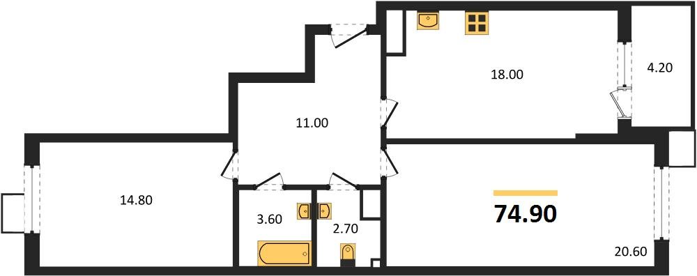 Фото №1: 2-комнатная квартира 74&nbsp;м², 12/18&nbsp;эт. - Краснодар, Прикубанский внутригородской округ, мкр. Парк Победы
