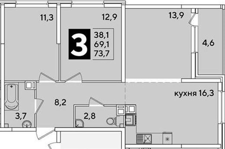 Фото №1: 3-комнатная квартира 73&nbsp;м², 6/16&nbsp;эт. - Краснодар, Прикубанский внутригородской округ, мкр. жилой комплекс Самолёт-6