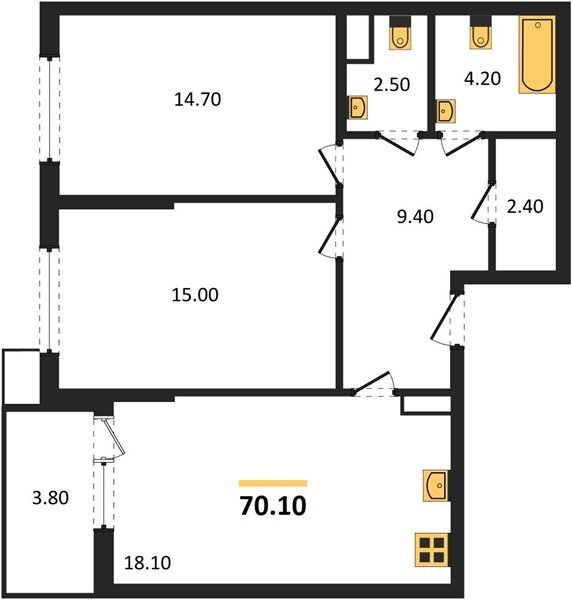 Фото №1: 2-комнатная квартира 70&nbsp;м², 7/18&nbsp;эт. - Краснодар, Прикубанский внутригородской округ, мкр. Парк Победы