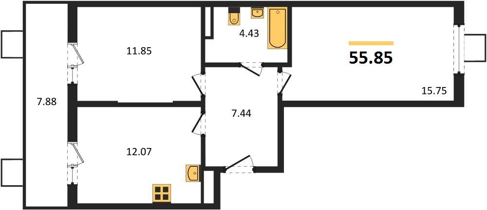 Фото №1: 2-комнатная квартира 55&nbsp;м², 4/8&nbsp;эт. - Северская, мкр. ЖК Цветной Бульвар