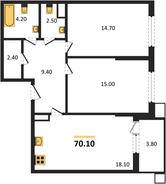 Фото №1: 2-комнатная квартира 70&nbsp;м², 8/18&nbsp;эт. - Краснодар, Прикубанский внутригородской округ, мкр. Парк Победы