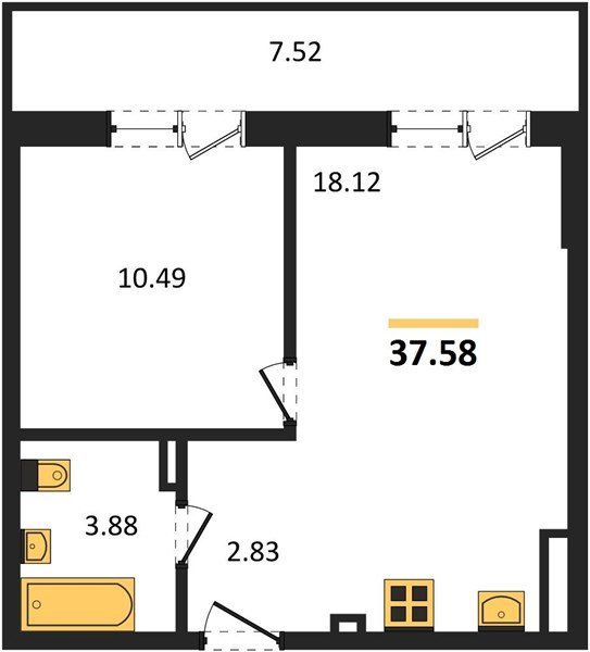 Фото №1: 1-комнатная квартира 43&nbsp;м², 4/4&nbsp;эт. - Южный, мкр. жилой комплекс Южные Соседи