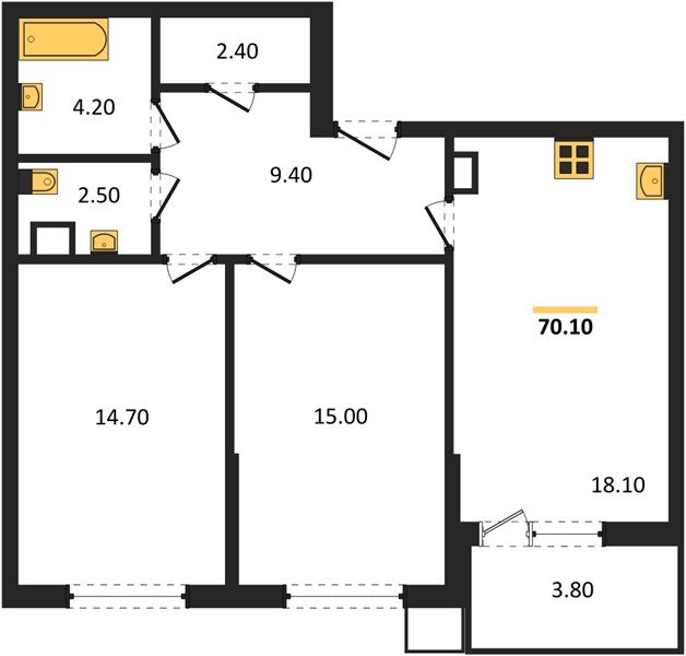 Фото №1: 2-комнатная квартира 70&nbsp;м², 3/9&nbsp;эт. - Краснодар, Прикубанский внутригородской округ, мкр. Парк Победы