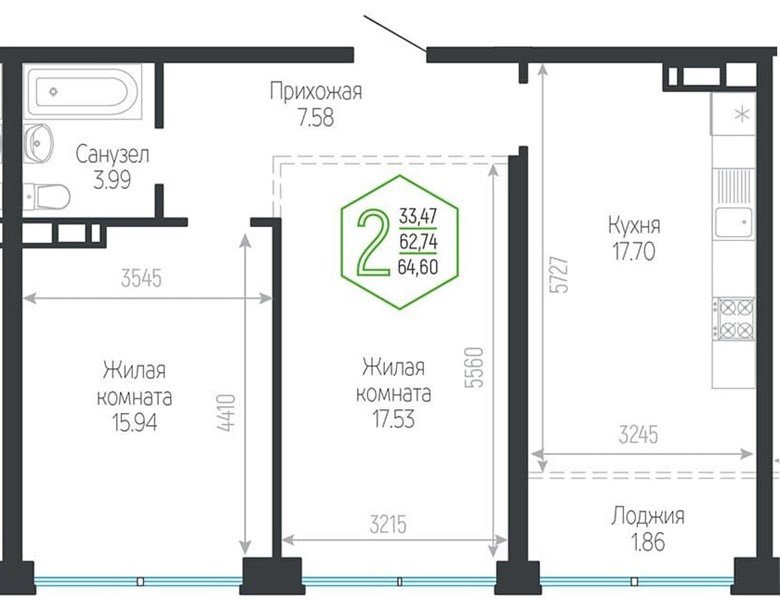 Фото №1: 2-комнатная квартира 64&nbsp;м², 13/24&nbsp;эт. - Краснодар, Центральный внутригородской округ, мкр. Черёмушки