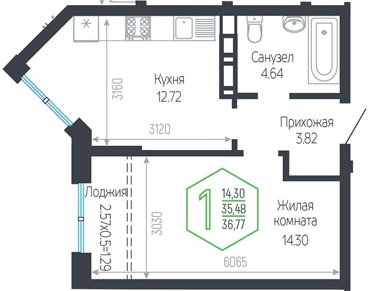 Фото №1: 1-комнатная квартира 36&nbsp;м², 13/24&nbsp;эт. - Краснодар, Центральный внутригородской округ, мкр. Черёмушки