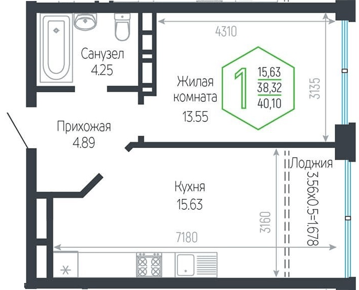 Фото №1: 1-комнатная квартира 40&nbsp;м², 15/24&nbsp;эт. - Краснодар, Центральный внутригородской округ, мкр. Черёмушки