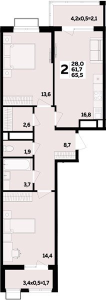 Фото №1: 2-комнатная квартира 65&nbsp;м², 14/16&nbsp;эт. - Яблоновский, мкр. ЖК Мегасити