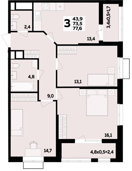 Фото №1: 3-комнатная квартира 77&nbsp;м², 9/16&nbsp;эт. - Яблоновский, мкр. ЖК Мегасити
