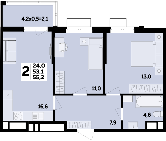 Фото №1: 2-комнатная квартира 55&nbsp;м², 16/16&nbsp;эт. - Яблоновский, мкр. ЖК Мегасити